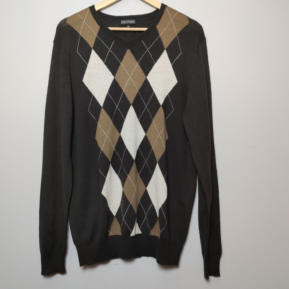 Denver Hayes Other - Denver Hayes Argyle Diamond V-Neck Knit Sweater Charcoal Brown Tan Size Medium